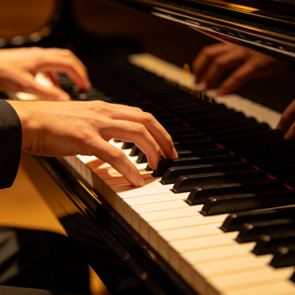 A close-up of a person's hands skillfully playing a grand piano, with the black and white keys in sharp focus. Soft stage lighting, elegant atmosphere. No text.