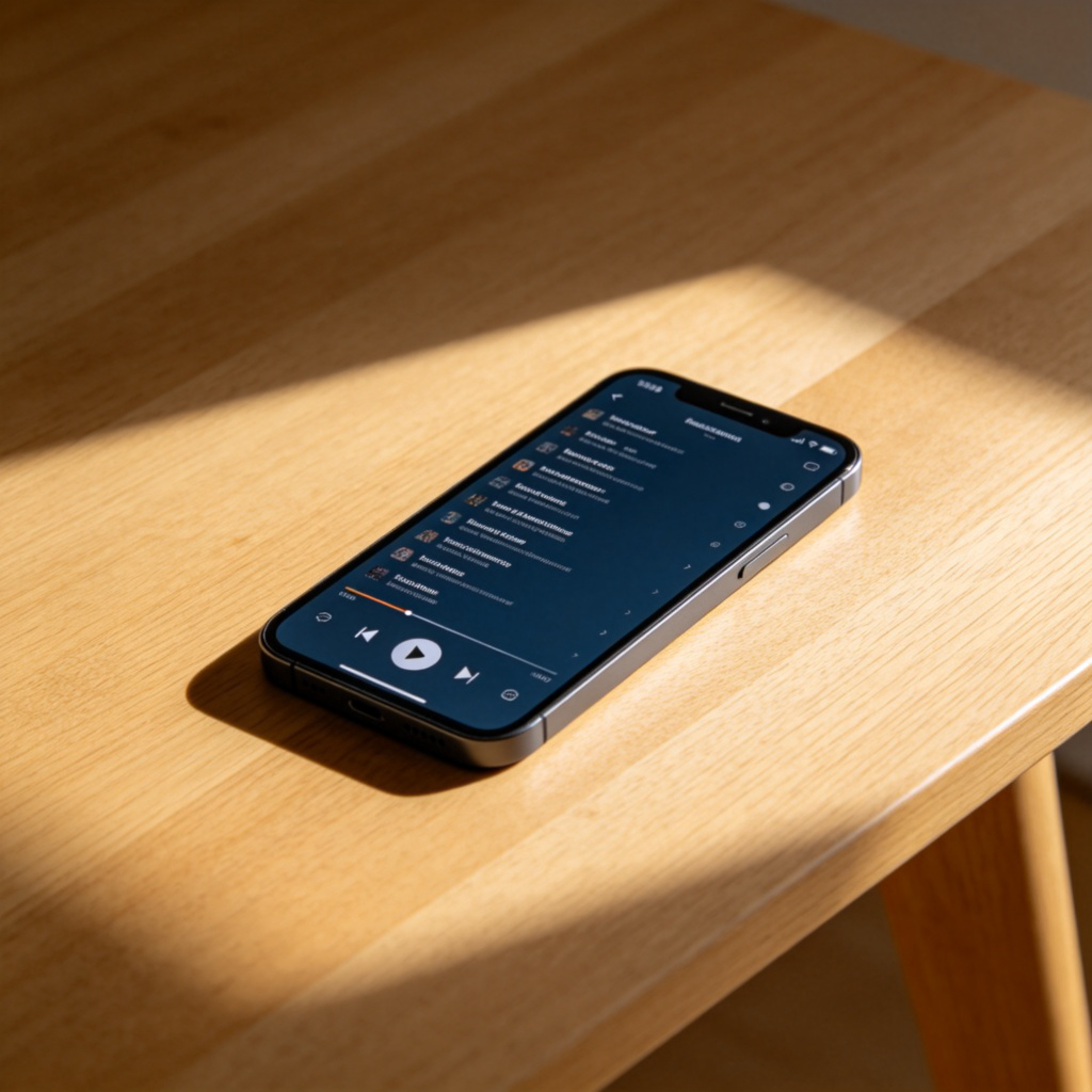 A modern smartphone lying on a wooden table, with its screen brightly displaying a music player app. The app shows play/pause buttons and a song list. Clean, simple background with natural light. No text.