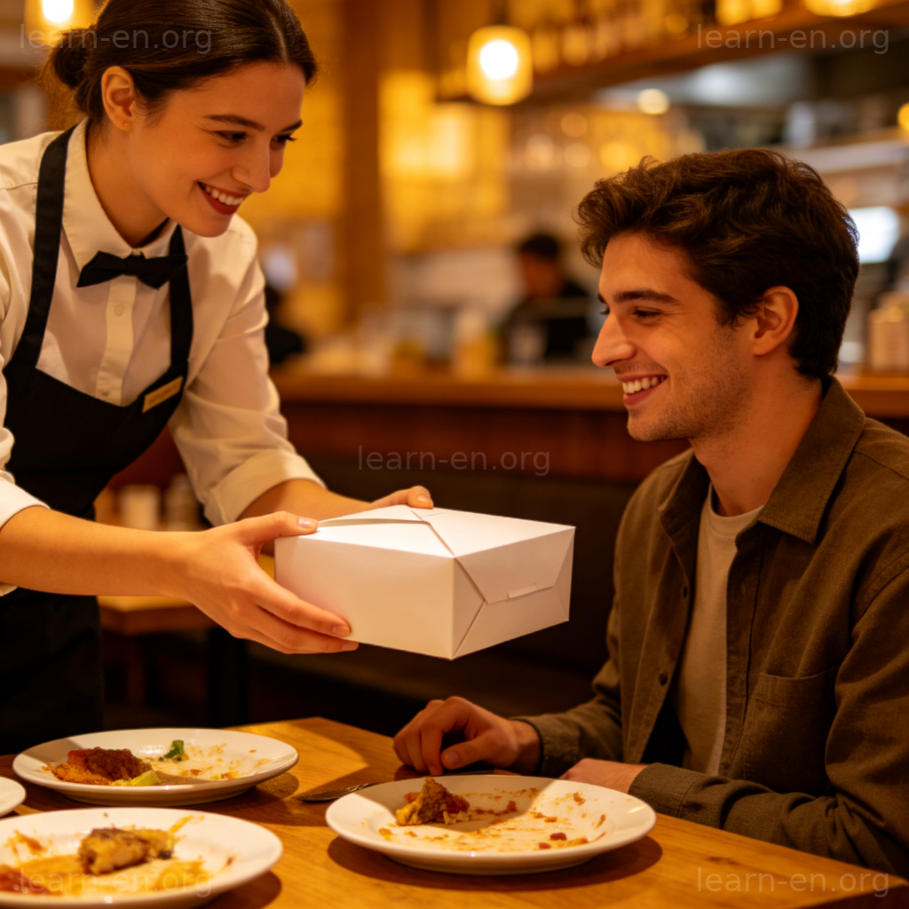 takeout box 图解：餐厅服务员向顾客递送白色纸质打包盒