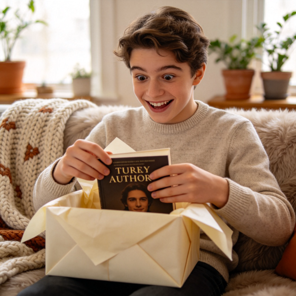 A young person unwrapping a gift with a look of genuine surprise and a big smile on their face. The gift is something they clearly love, like a book by their favorite author. The scene is in a cozy living room with soft, natural light. No text.