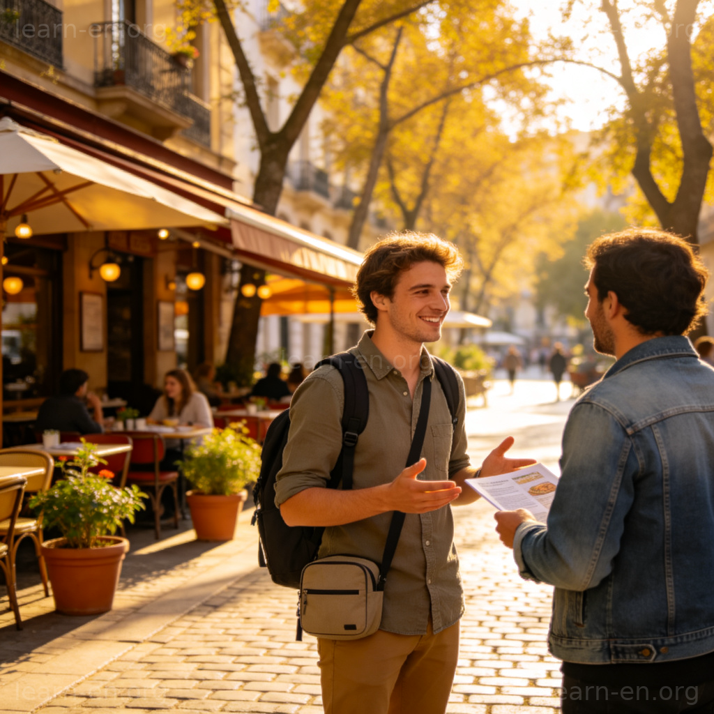 Please recommend a restaurant for me 场景图解：游客向当地人询问餐厅推荐