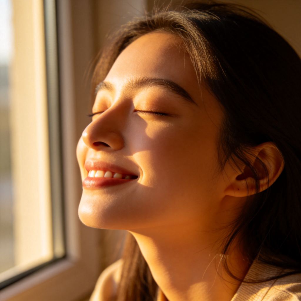 A person sitting by a sunny window, eyes closed, smiling softly as they feel the warm sunlight on their face. The expression is one of pure contentment and peace. Soft focus on the face, warm natural lighting, plain background. No text.