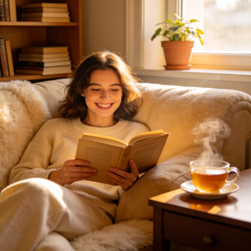 A person relaxing on a comfortable couch, happily reading a book with a cup of tea beside them. The room is cozy and well-lit. Focus is on the person's relaxed posture and happy expression. No text.