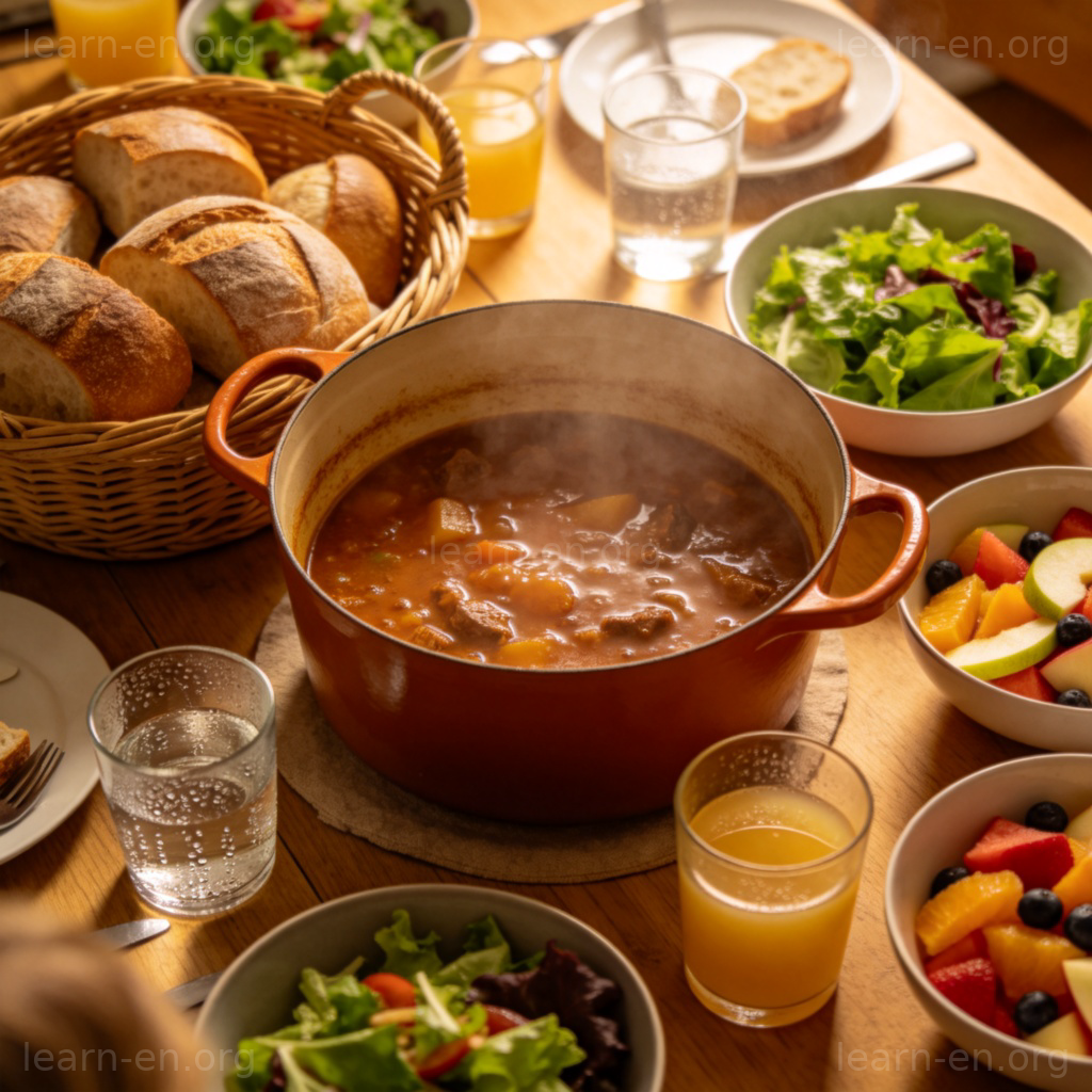 plenty 充足含义图解：丰盛家庭晚餐，食物多到吃不完