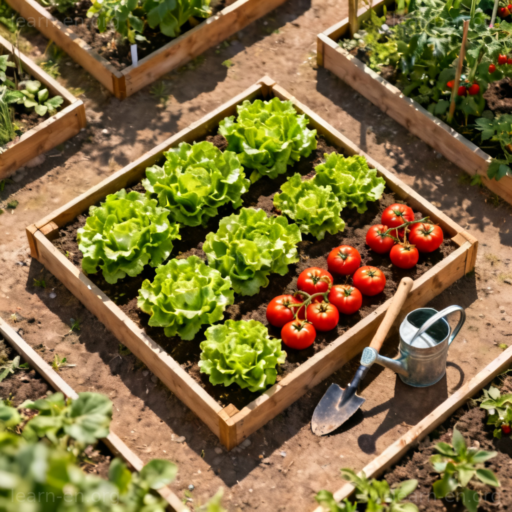 Aerial view of garden plot with vegetables and tools