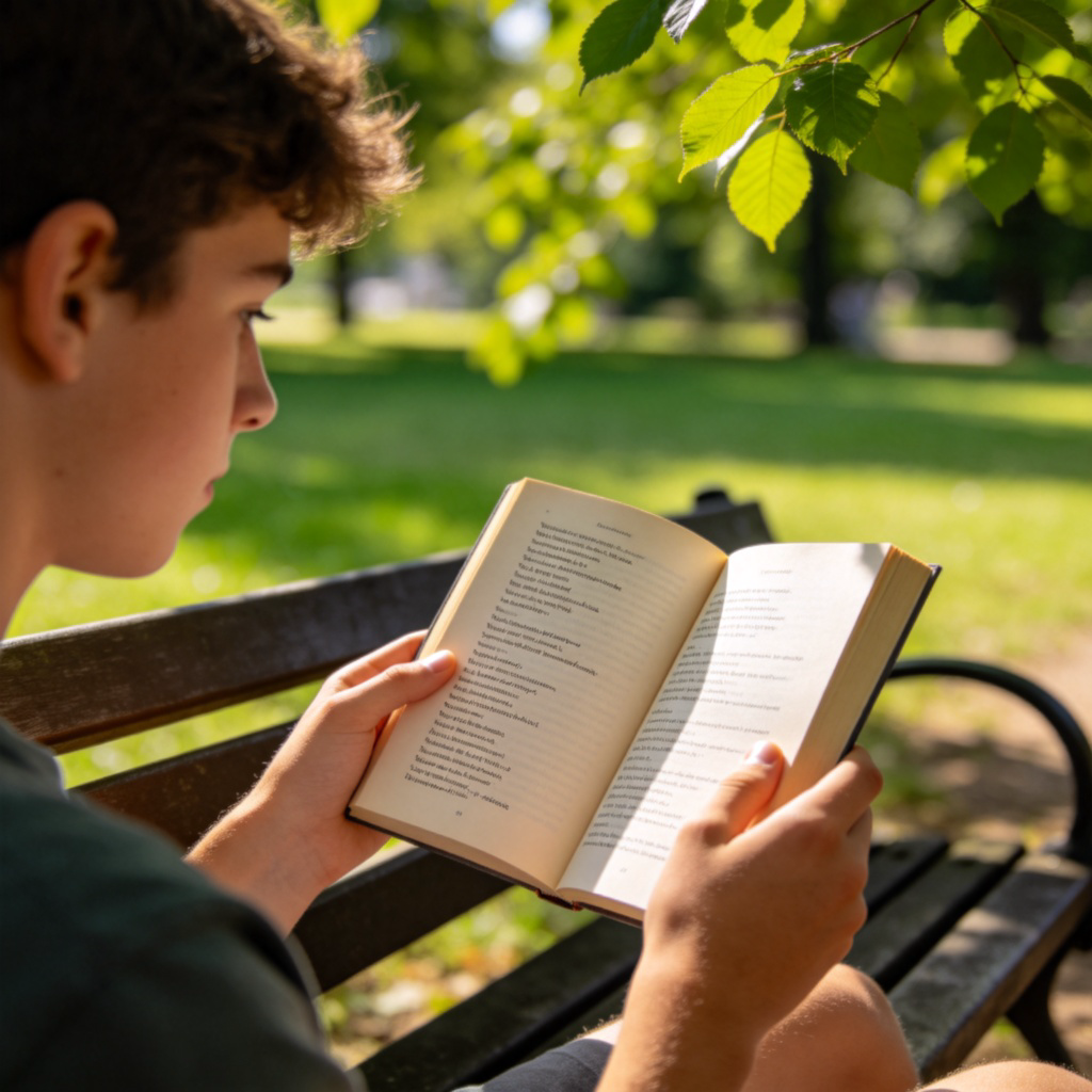 A young person sitting on a park bench, reading an open book of poems with a peaceful expression. Dappled sunlight filters through green leaves above. The focus is on the reader's hands and the open book, with clear, printed lines of text visible. The background is a blurred, green park scene. Photorealistic style, warm natural lighting. No text or logos in the image.