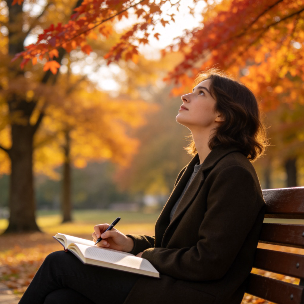 A person sits on a park bench with a notebook open on their lap, pen in hand, gazing thoughtfully into the distance at autumn trees. Soft afternoon light, peaceful atmosphere. The focus is on the person in a creative, contemplative pose. No text.