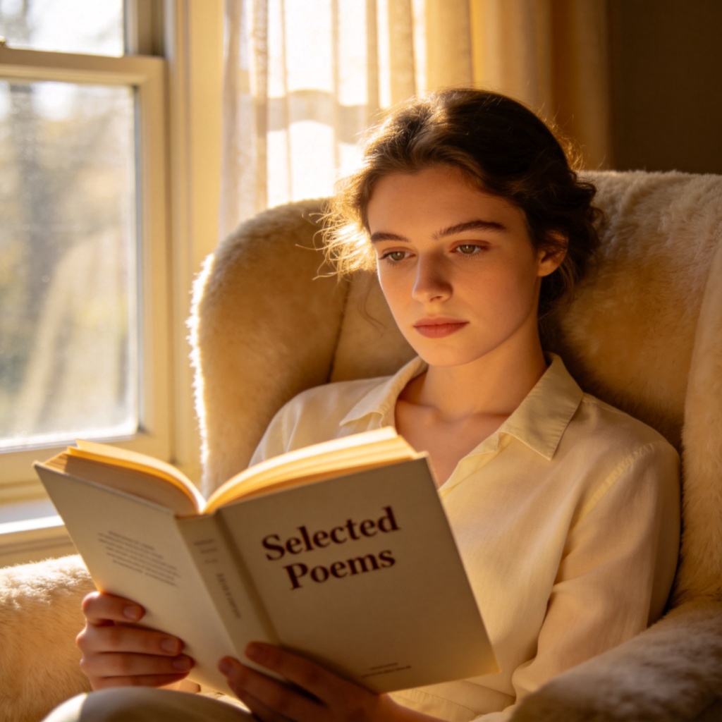 A person is sitting in a cozy armchair by a window, holding an open book titled "Selected Poems". Sunlight streams in, illuminating the page. The person looks thoughtful and engaged in reading. The scene is warm and peaceful, focusing on the reader and the book.