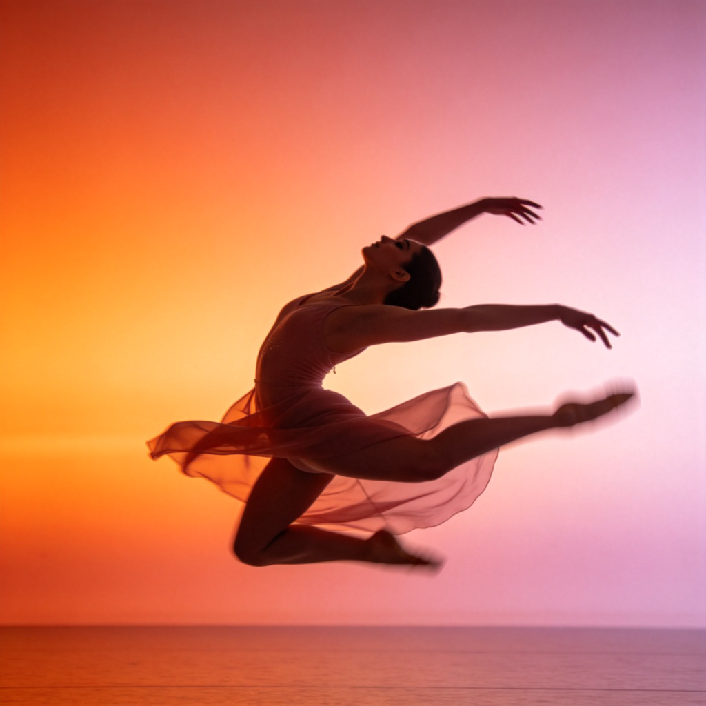 A close-up, cinematic shot of a dancer's graceful leap against a soft, sunset-colored background. The motion is blurred slightly to show movement, capturing the feeling of beauty and flow. The focus is on the elegance and emotion of the movement, not on the dancer's face.
