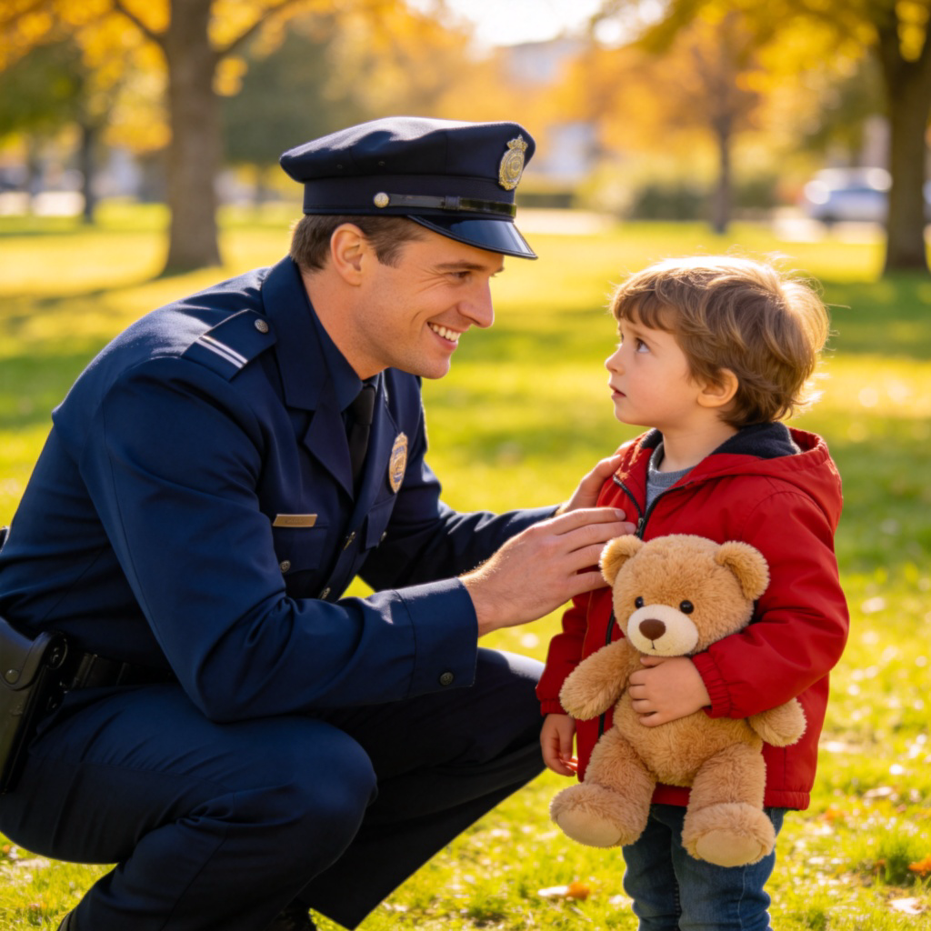 A friendly police officer in a crisp uniform smiling and helping a young child who looks lost in a city park. The officer is crouching down to the child's level. Bright sunny day, green grass in the background. Focus on the interaction between the officer and the child.