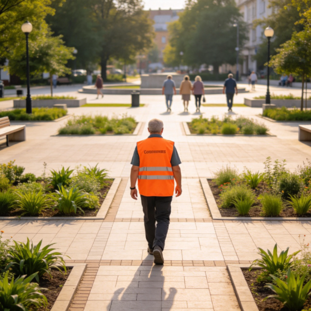 A community volunteer wearing a bright vest, walking calmly and observantly through a clean, well-kept public square during the day. They are not a real police officer, but their role is to watch over the area. The scene is peaceful and orderly.
