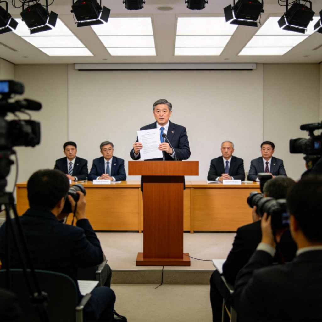 A government official standing at a podium in a press conference room, announcing a new policy. He holds a document titled 'New Policy'. Other officials are seated behind him, and journalists are in the audience. The scene is formal and clear, with focus on the speaker and the document. No text in the image.