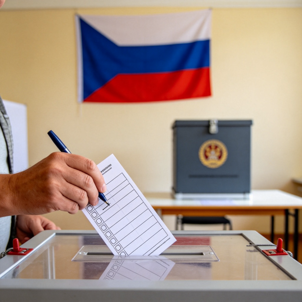 A clean, well-lit voting station. A person’s hand is in the foreground, holding a ballot paper and marking a choice with a pen. In the background, there is a national flag and an official-looking ballot box. The scene feels orderly and public. No text or logos.