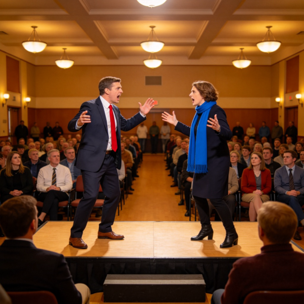 A dynamic scene in a bright community hall. Two people stand on a small stage, gesturing emphatically as if in a heated debate. One wears a red tie, the other a blue scarf. A diverse audience watches attentively. The image captures the energy of opposing viewpoints.