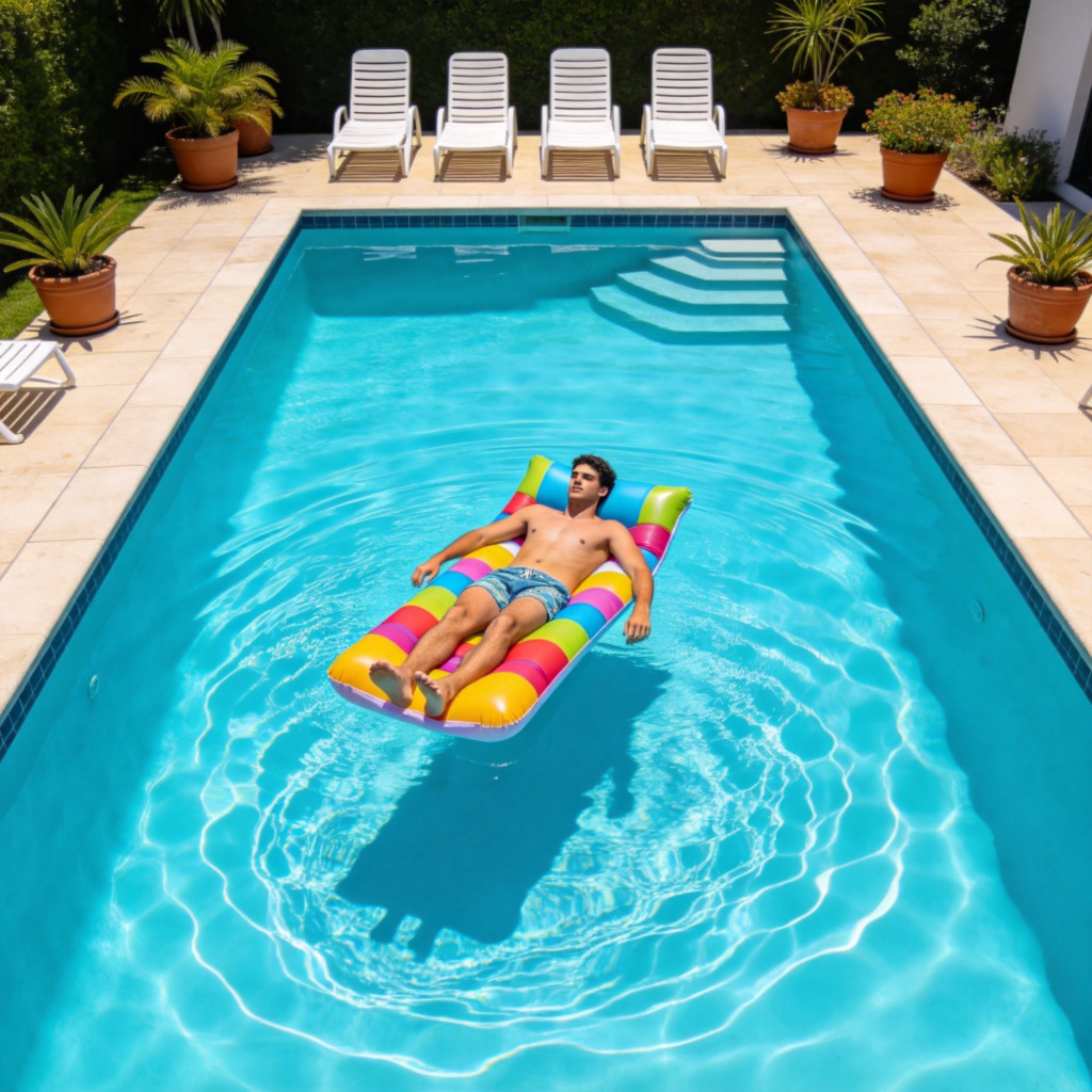 A bright, rectangular outdoor swimming pool with clear blue water, under a sunny sky. A person is floating on a colorful inflatable lounger in the pool. Clean deck chairs and potted plants are around the poolside. Photorealistic, clear focus on the water and the person relaxing. No text.