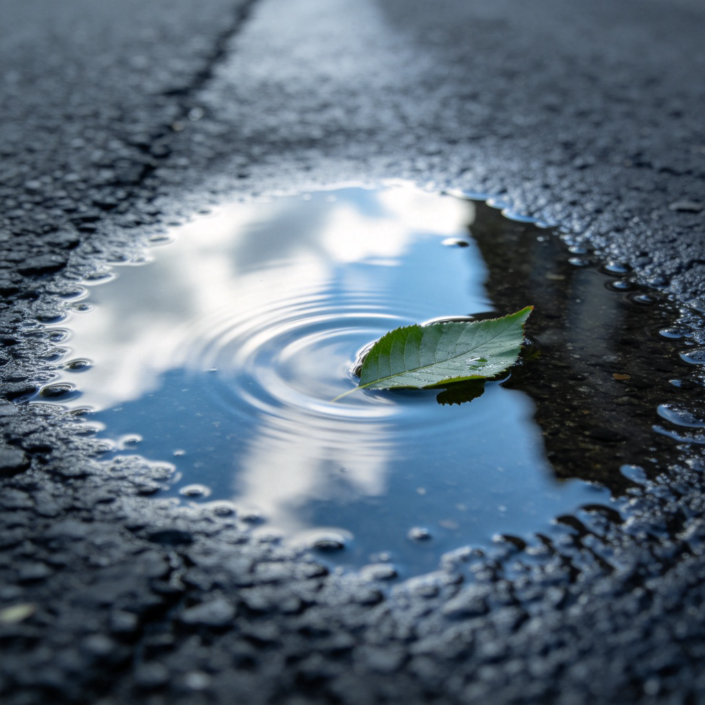 A close-up photo of a small, clear pool of rainwater on a gray asphalt road after a rain shower. The water reflects the cloudy sky and the edge of a green leaf is floating on the surface. The pavement around it is wet and dark. Sharp focus on the water's surface. No text.