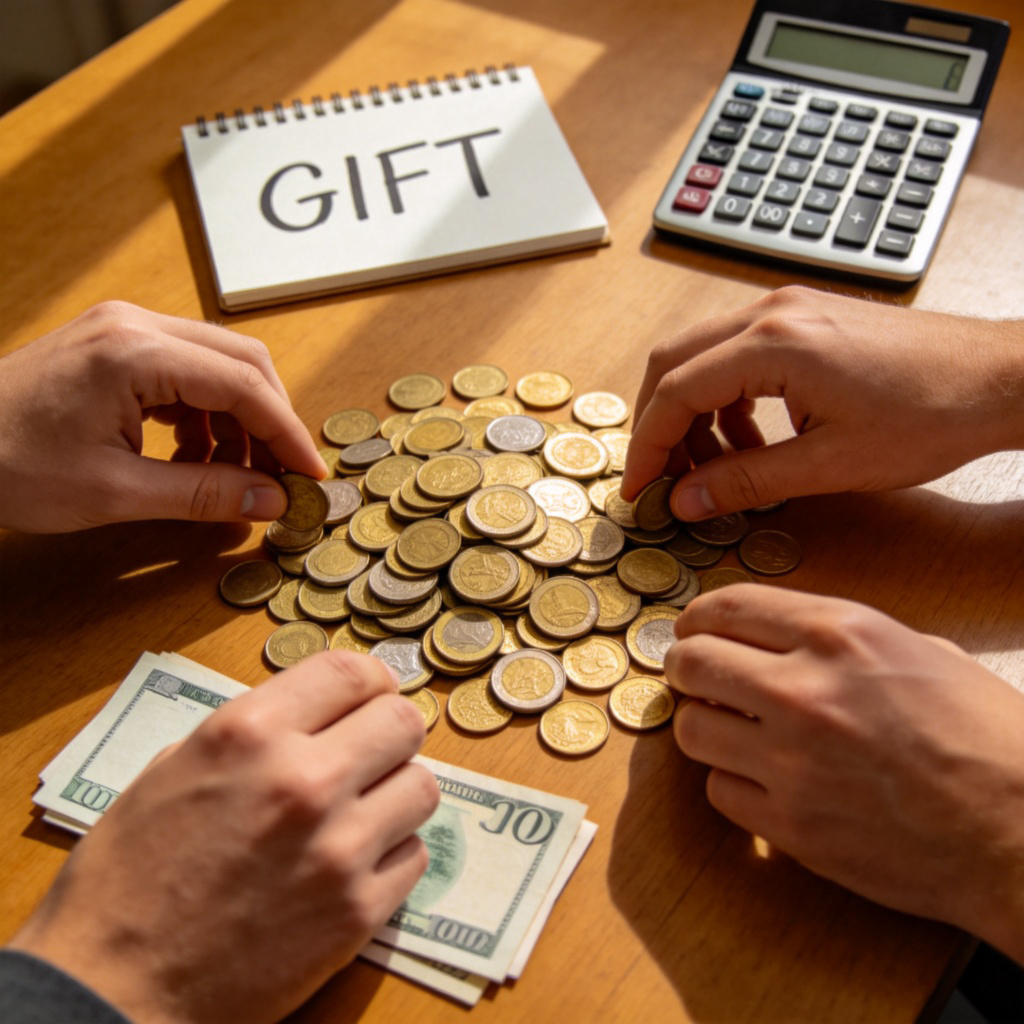 A top-down view of several hands placing coins and a few paper banknotes onto a wooden table, forming a central pile. In the background, there is a simple notepad with the word ‘GIFT’ written on it and a calculator. Warm, natural lighting, focus on the hands and the money pile. No text, no recognizable faces.