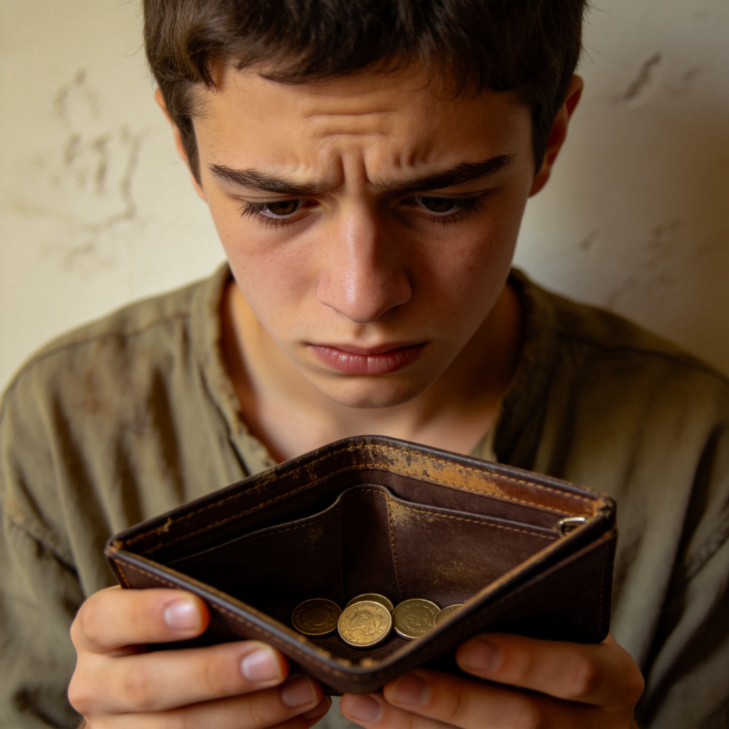 A person looking sadly into a nearly empty wallet, holding only a few coins. The person is wearing simple, slightly worn clothes. The background is a plain wall, focusing on the expression of worry and the empty wallet. Photorealistic style, soft lighting.