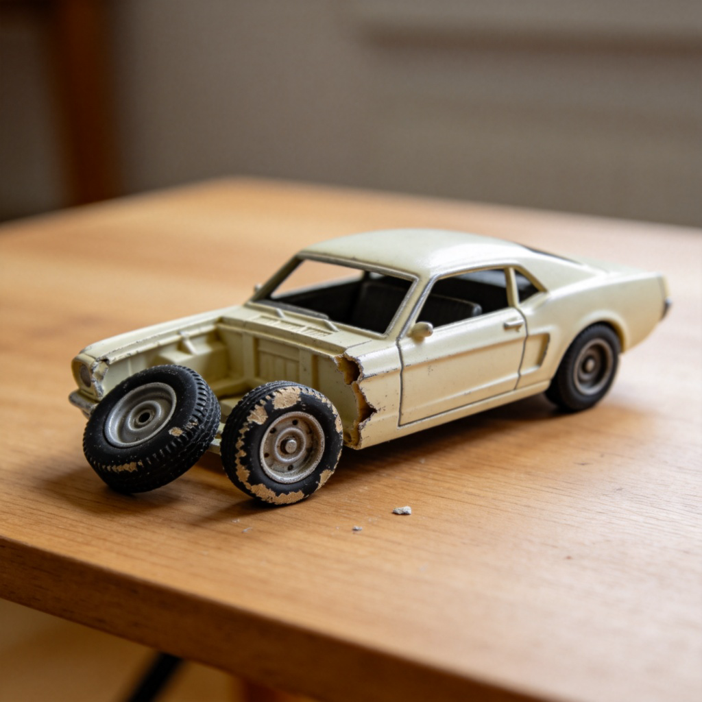 A close-up of a broken toy car on a table. One wheel is completely detached, and the paint is chipped. The toy looks cheaply made. The background is a simple wooden tabletop. Clear, sharp focus in a photorealistic style.