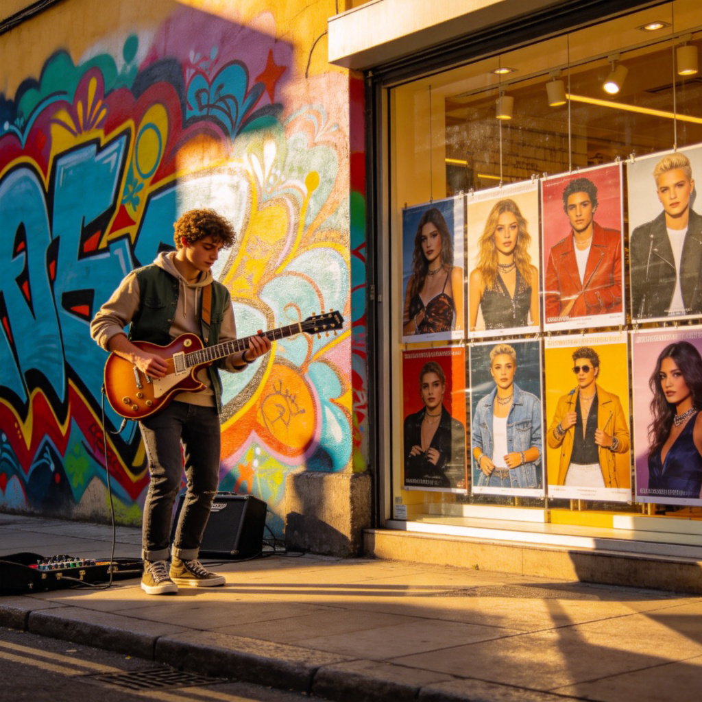A vibrant street scene with a young musician playing an electric guitar, a colorful graffiti wall in the background. The musician is wearing trendy casual clothes. On the other side of the street, a bright store window displays posters of popular singers and the latest fashion. Sunny day, lively atmosphere. No text.