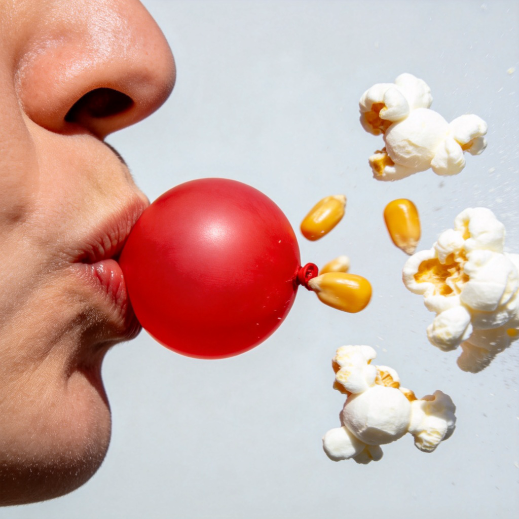 A close-up shot of a person blowing up a red balloon. The balloon is almost full, stretched tight. Next to it, a few yellow kernels of popcorn are mid-pop, transforming into fluffy white pieces against a plain light background. Focus on the action and textures. No text.