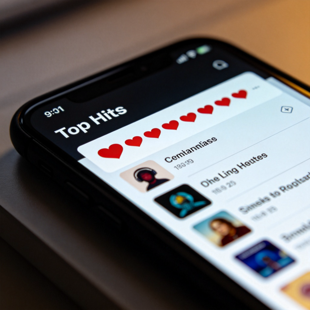 A close-up of a smartphone screen showing a music app. One song at the top of the 'Top Hits' playlist has significantly more 'likes' or heart icons than the songs below it. The background is blurred, focusing on the popular song's title and the high number. Clean, modern interface. No text on the song title.