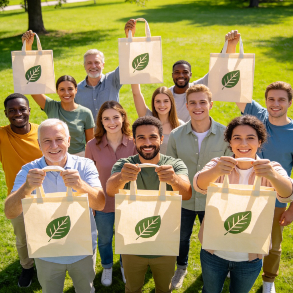 A diverse group of people in a park, all holding up identical reusable shopping bags with a simple leaf logo. They are smiling and the bags are clearly visible, symbolizing a widely adopted eco-friendly practice. Bright daylight, green grass background. Focus on the bags and the group's unified action.