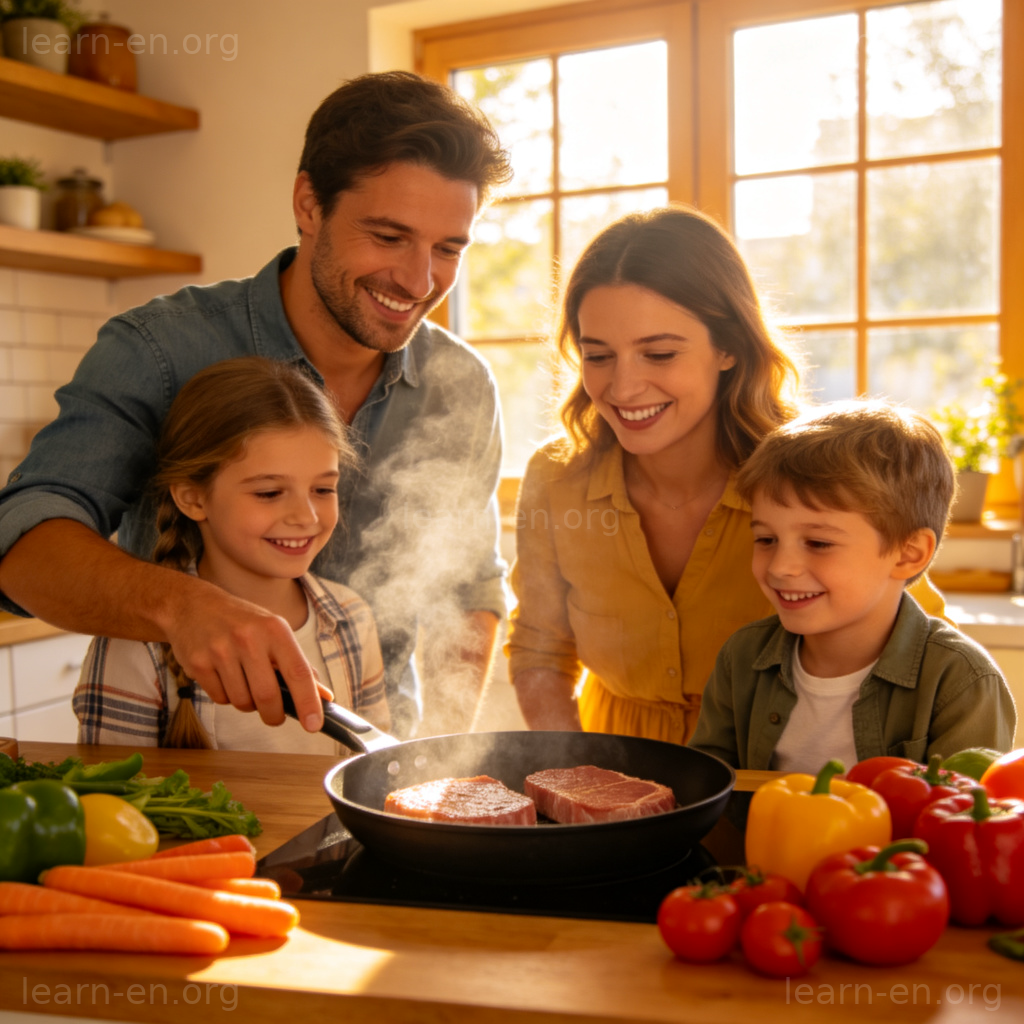 pork猪肉图解：阳光厨房中一家人烹饪猪排的场景