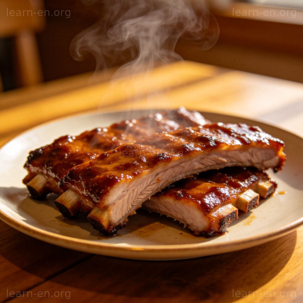 Pork Ribs 图解：一盘烧烤猪肋排，酱汁浓郁，热气腾腾