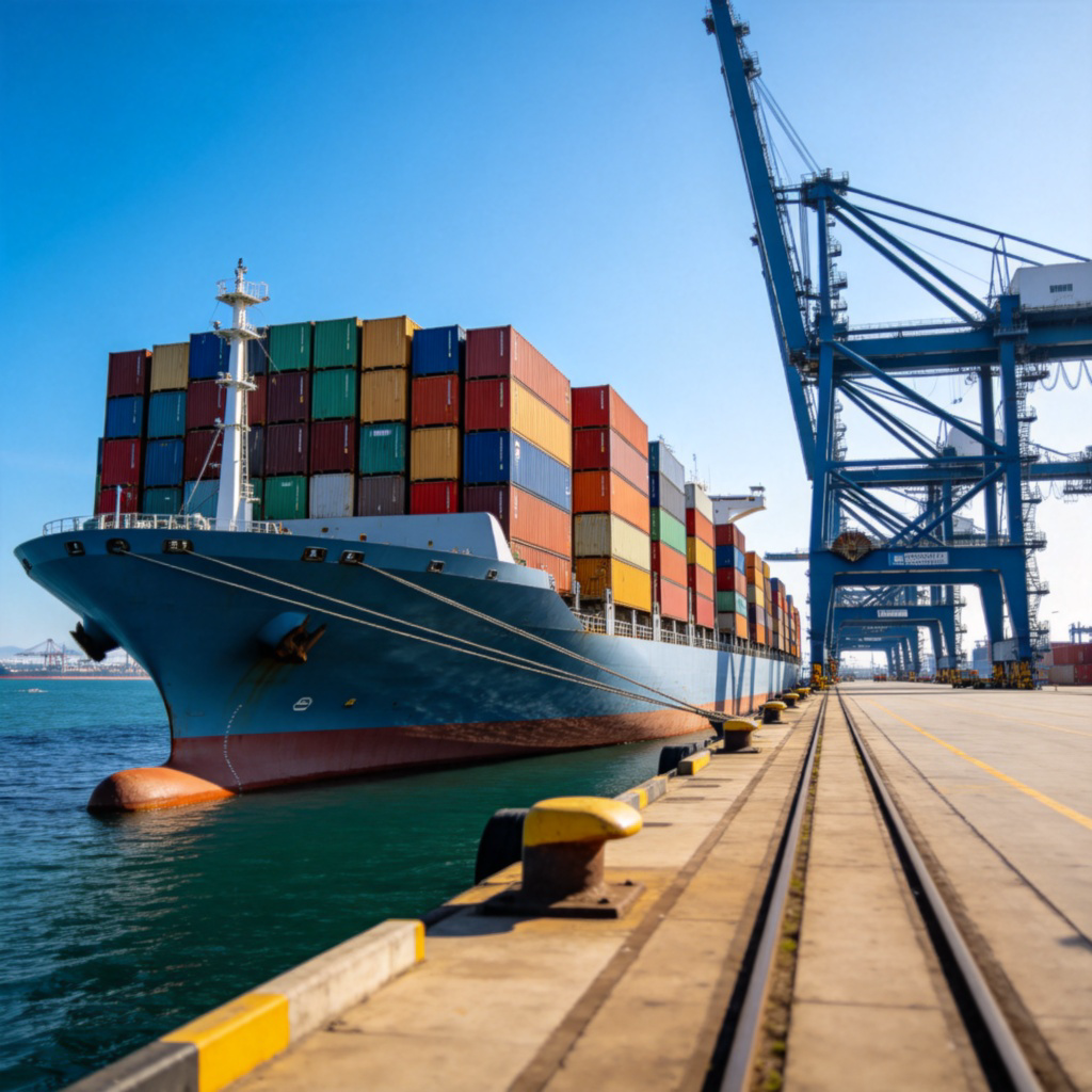 Port 港口场景图解：大型集装箱船停靠在繁忙码头