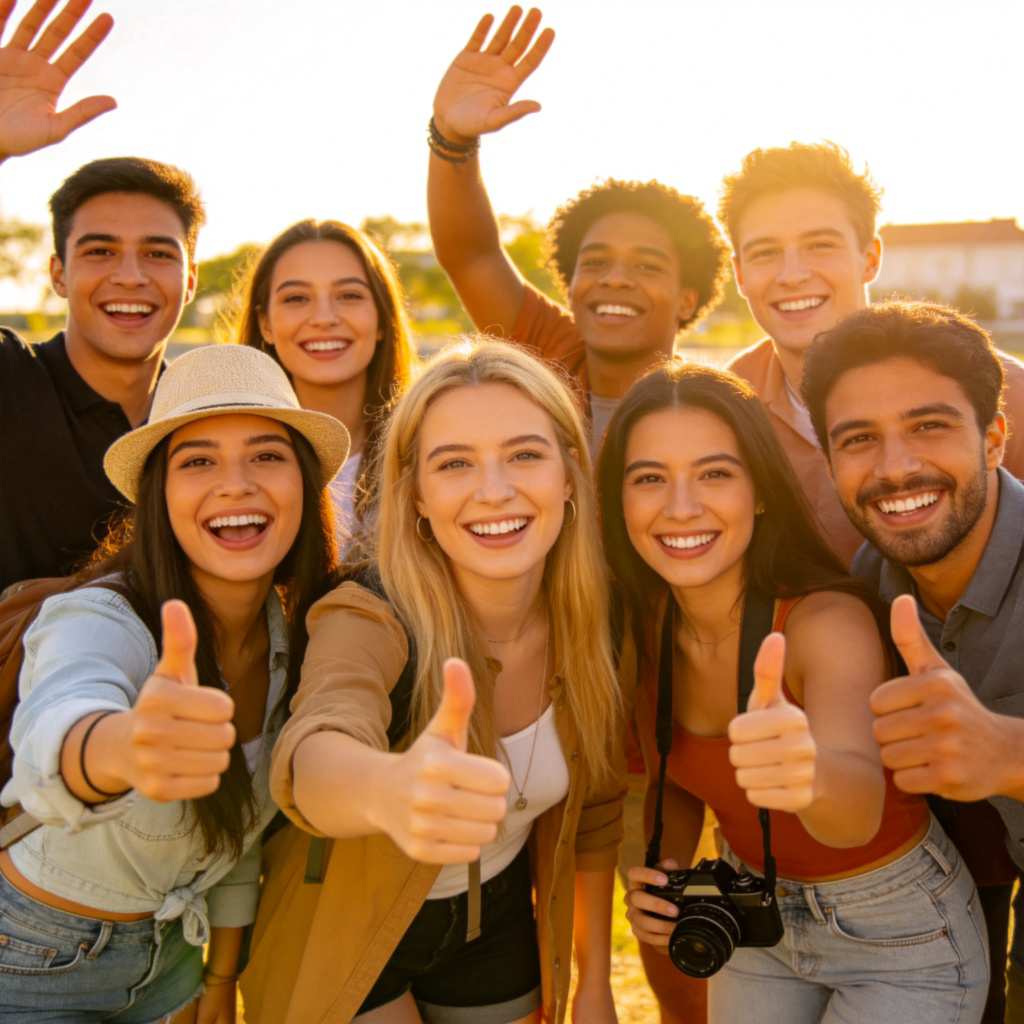 A diverse group of happy friends standing together outdoors, smiling and making various friendly poses like waving or thumbs-up for a photo. One person is holding a camera. Bright daylight, focus on their joyful expressions and body language. No text.