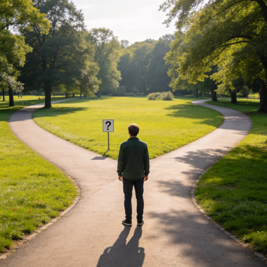 A person standing at a fork in a road in a park, looking thoughtfully at two different paths leading into sunny, green landscapes. One path has a small sign with a "?" symbol. The scene is bright, clear, and realistic, emphasizing the moment of choice. No text or logos.