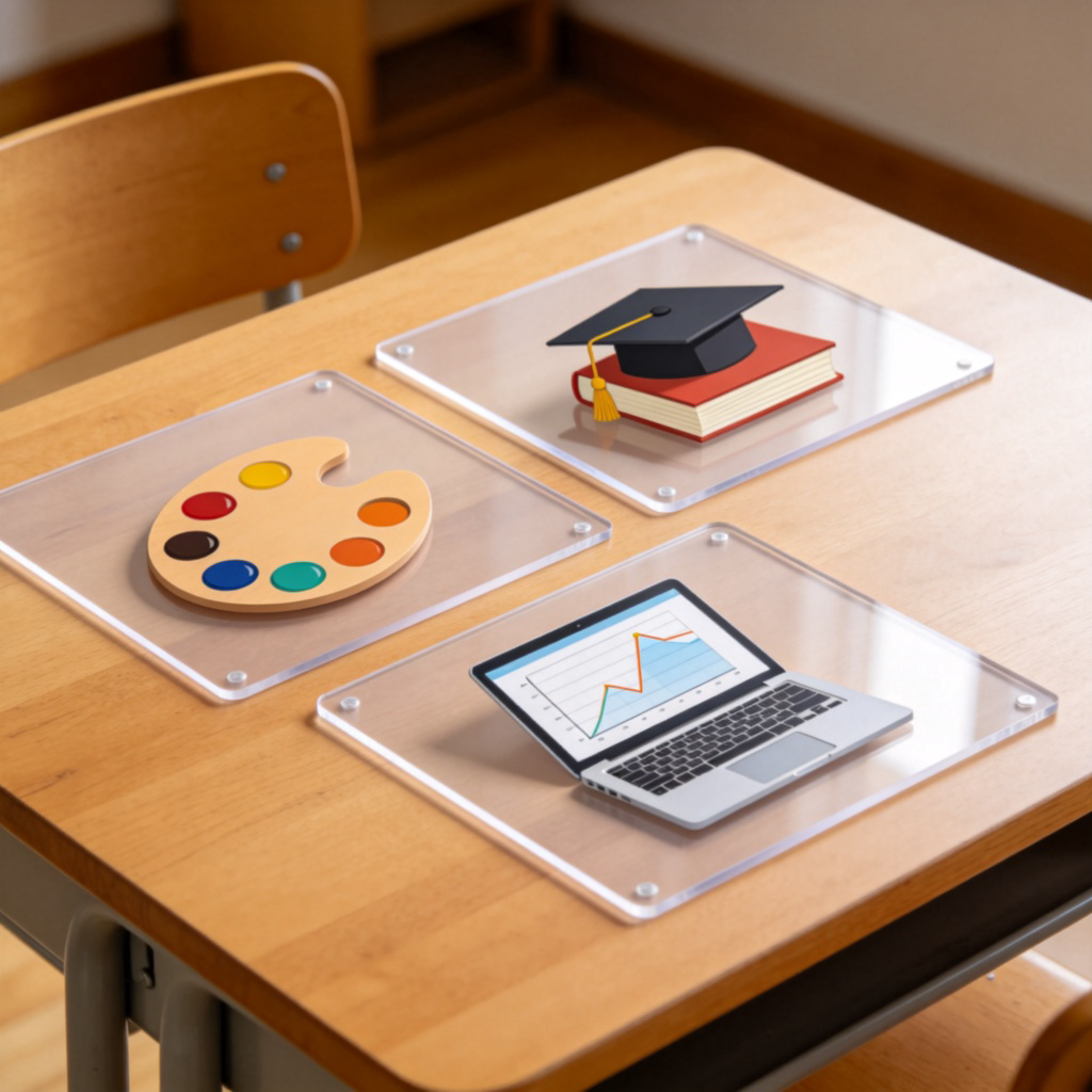 A top-down view of a wooden table. On the table are three large, clear cards. One card shows an artist's palette, one shows a book with a graduation cap, and one shows a laptop with a graph. The cards are neatly arranged, representing different career options. Clean, well-lit, realistic style. No text.
