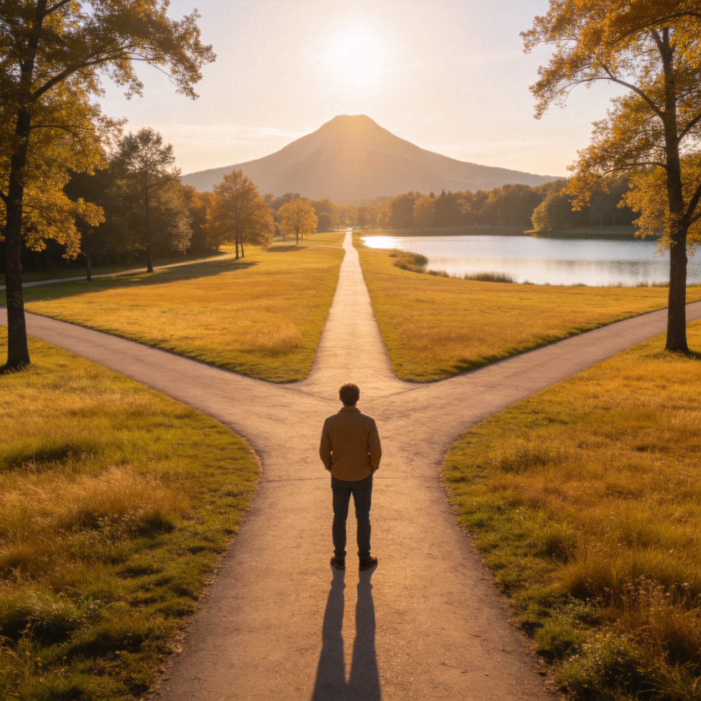 A person standing thoughtfully at a crossroads in a park, with two clear paths extending forward into a sunny landscape. One path leads to a distant mountain, the other to a calm lake. The scene symbolizes having choices and opportunities. Photorealistic style, focus on the person and the fork in the road, soft natural lighting. No text or numbers.