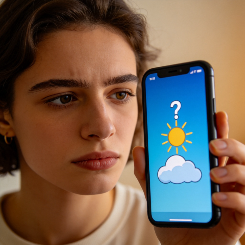 A person looking at a smartphone showing a weather app. The app displays a sun icon and a cloud with a question mark over it, indicating uncertainty. The person has a thoughtful expression. Natural indoor lighting, simple background.