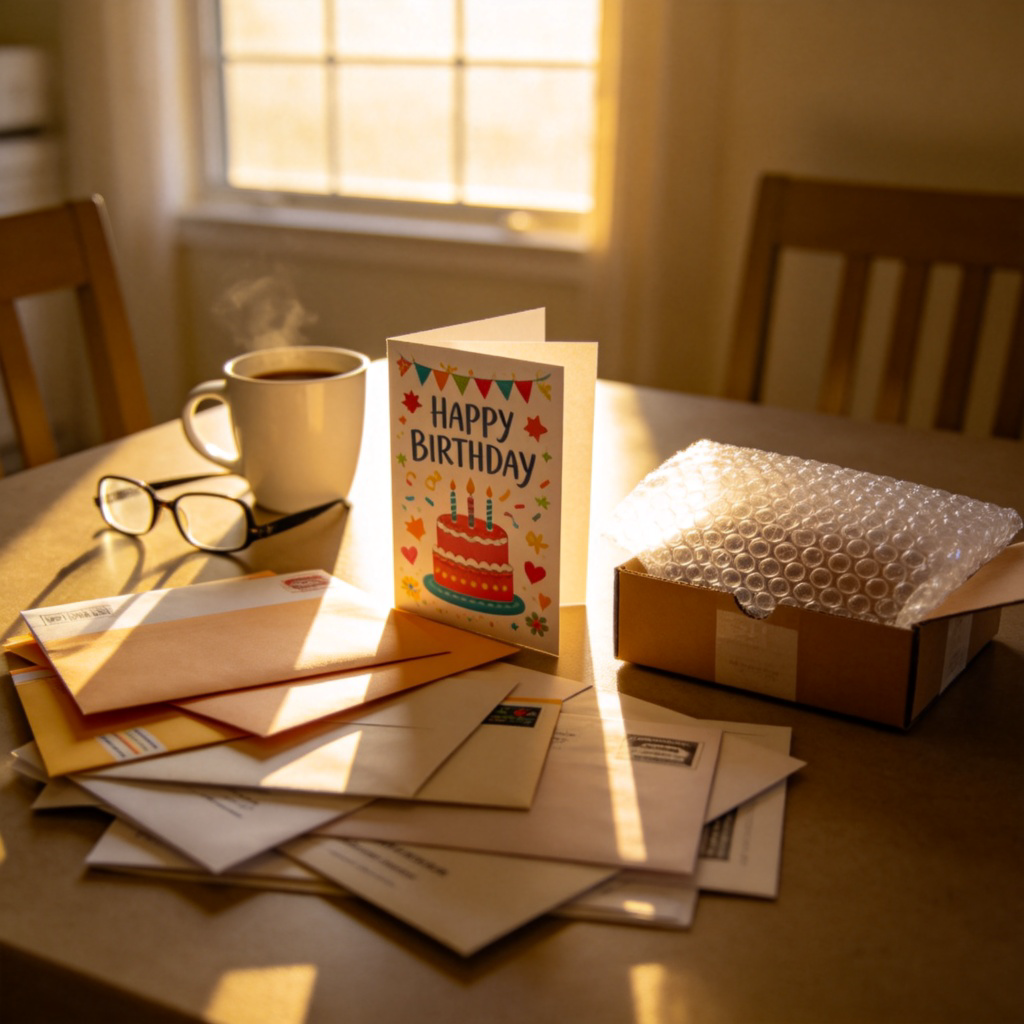 A dining table with a pile of received mail, including a few envelopes, a colorful birthday card standing open, and a small opened parcel with bubble wrap peeking out. A cup of coffee and a pair of reading glasses are nearby. Warm morning light streams through a window. The focus is on the mail items. No text or logos.