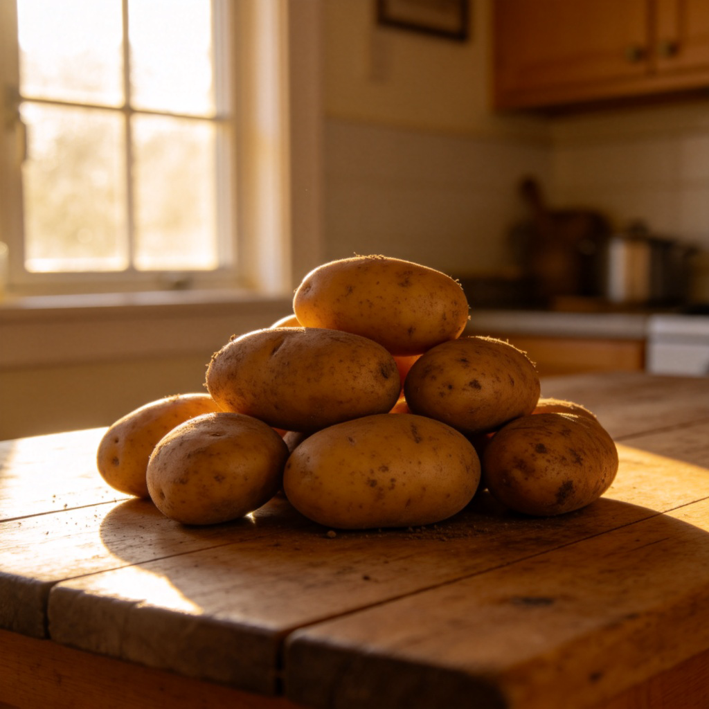 potato土豆图解：木桌上新鲜带泥土豆特写