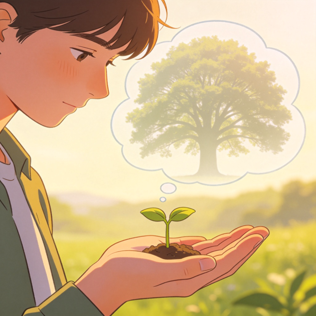 A person looking at a small seedling in their palm, with a large, healthy tree visible as a faint, see-through image (like a thought bubble) above it. The contrast shows the current small state versus the potential future. Warm, soft sunlight. Clear and simple illustration style.
