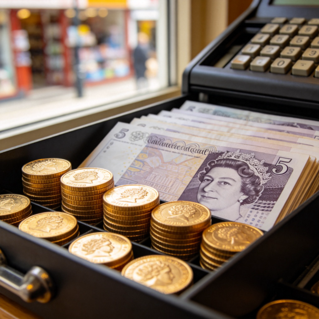 A close-up of a British cash register drawer, showing several gold-colored one-pound coins and a few paper five-pound notes with the Queen's portrait. The coins are stacked, and the notes are neatly arranged. Daylight from a shop window illuminates the scene. No text or logos.