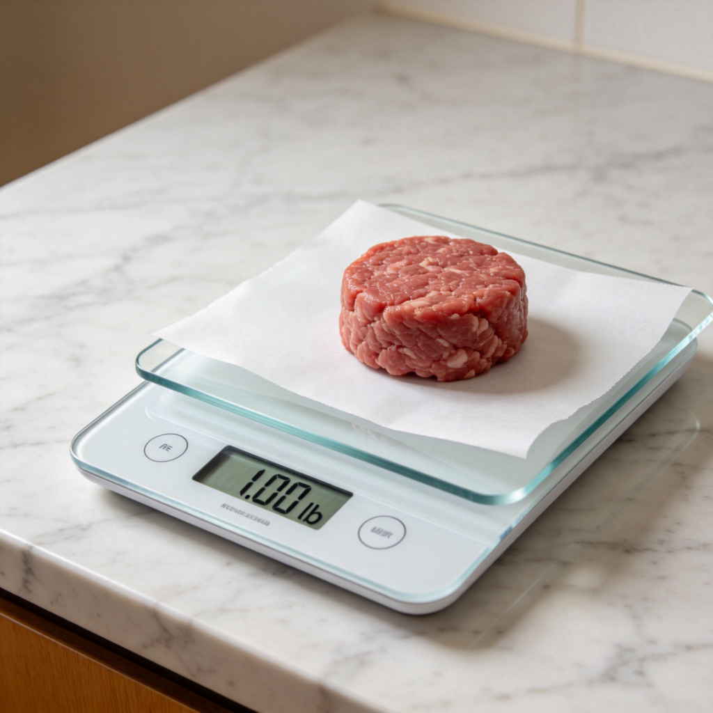 A clear kitchen scale sitting on a marble countertop. On the scale's display, the digital numbers read ‘1.00 lb’. Next to the scale is a small, neat portion of raw ground beef on a piece of white parchment paper. Soft indoor lighting, focus on the scale display and the meat.