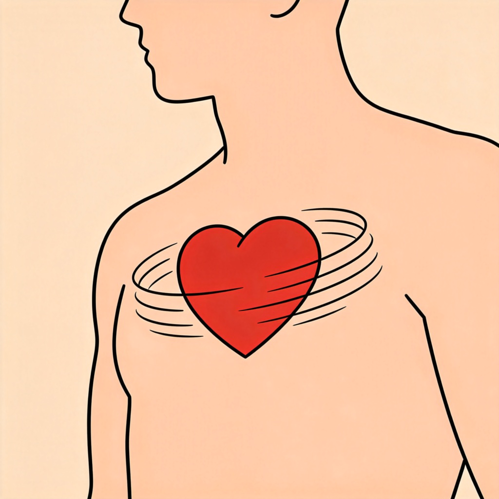A stylized, diagrammatic illustration of a human chest in side view. Inside the chest, a red heart is shown with motion lines around it, symbolizing it beating powerfully and rapidly. The background is a simple, solid color. No text or realistic organs.