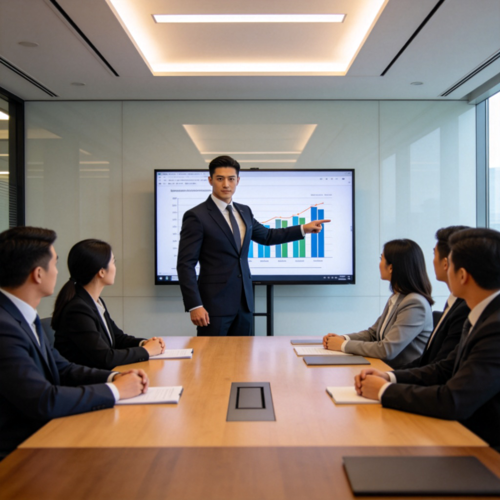 A confident person in a modern office, standing at the head of a meeting table, pointing decisively at a chart on a screen. Colleagues around the table are looking attentively. Professional lighting, focus on the person's authoritative posture. No text.