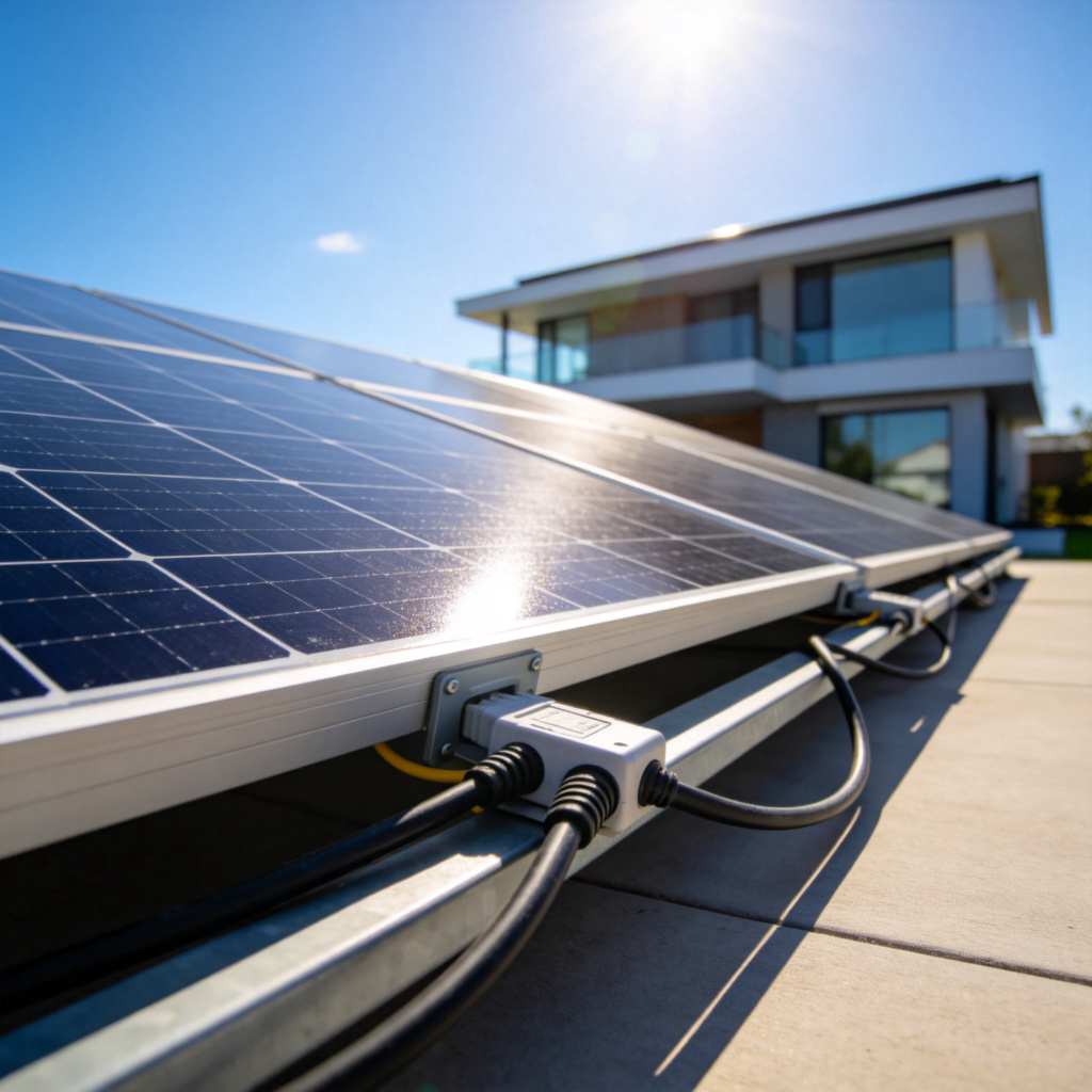 A close-up shot of solar panels under bright sunlight, with visible electricity cables connected to them, leading towards a modern house. Blue sky background, sharp focus on the panels' surfaces. No text.