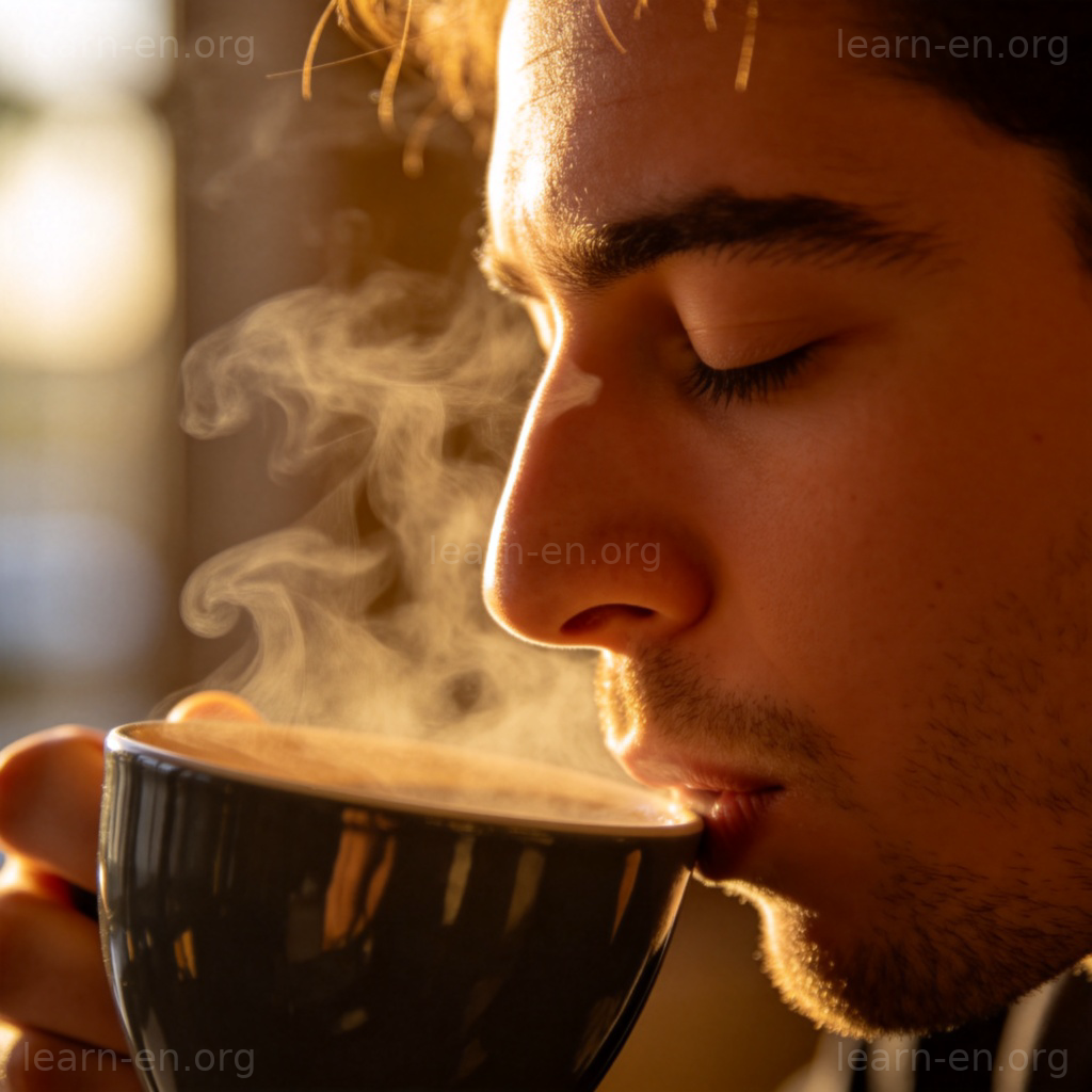 powerful 强烈含义图解：人物闭眼感受咖啡浓香