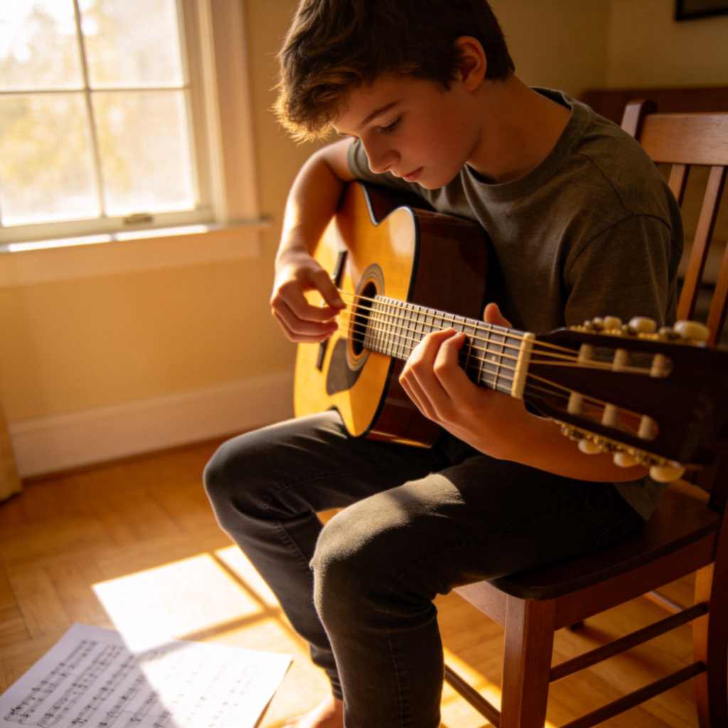 A focused teenager sits at home, playing an acoustic guitar. Their fingers are positioned on the fretboard, practicing a chord. Sunlight streams through a window onto the music sheet on the floor. The scene is warm, casual, and shows the act of repetition to improve a skill. No text.