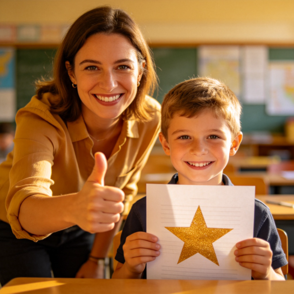 A teacher in a classroom, smiling and giving a thumbs-up to a young student who is proudly holding up a paper with a gold star. The student is beaming. Warm, natural classroom lighting. Focus on the interaction between the teacher and student. No text.