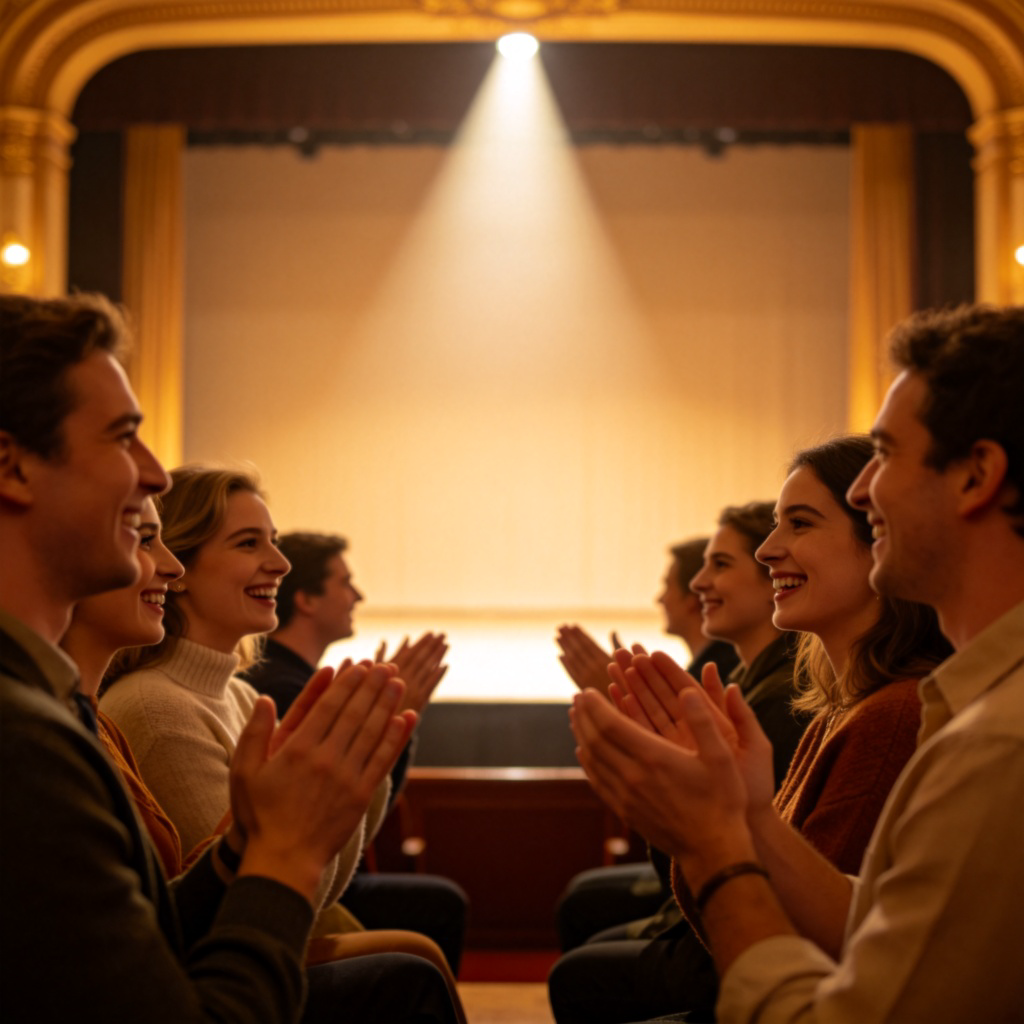 A group of people in a theater audience, clapping and smiling enthusiastically towards an empty stage with a spotlight, as if a performance just ended. The focus is on the audience's positive, appreciative expressions and the act of clapping. Soft stage lighting. No text.