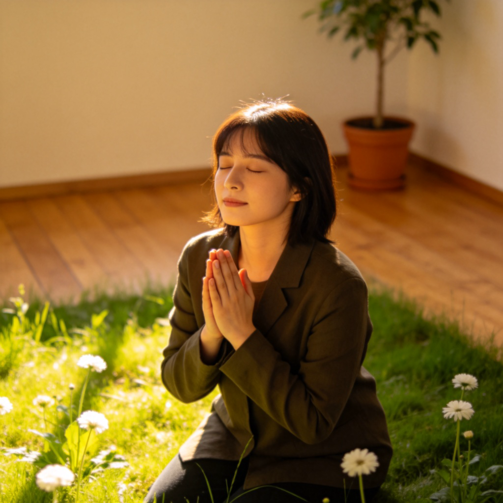 pray 含义图解：人物闭目合十，在宁静环境中虔诚祈祷