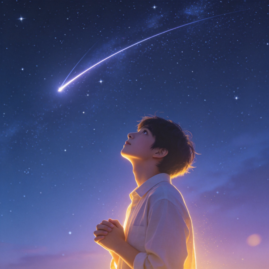 pray 祈愿场景：年轻人仰望星空，对着流星许下强烈愿望