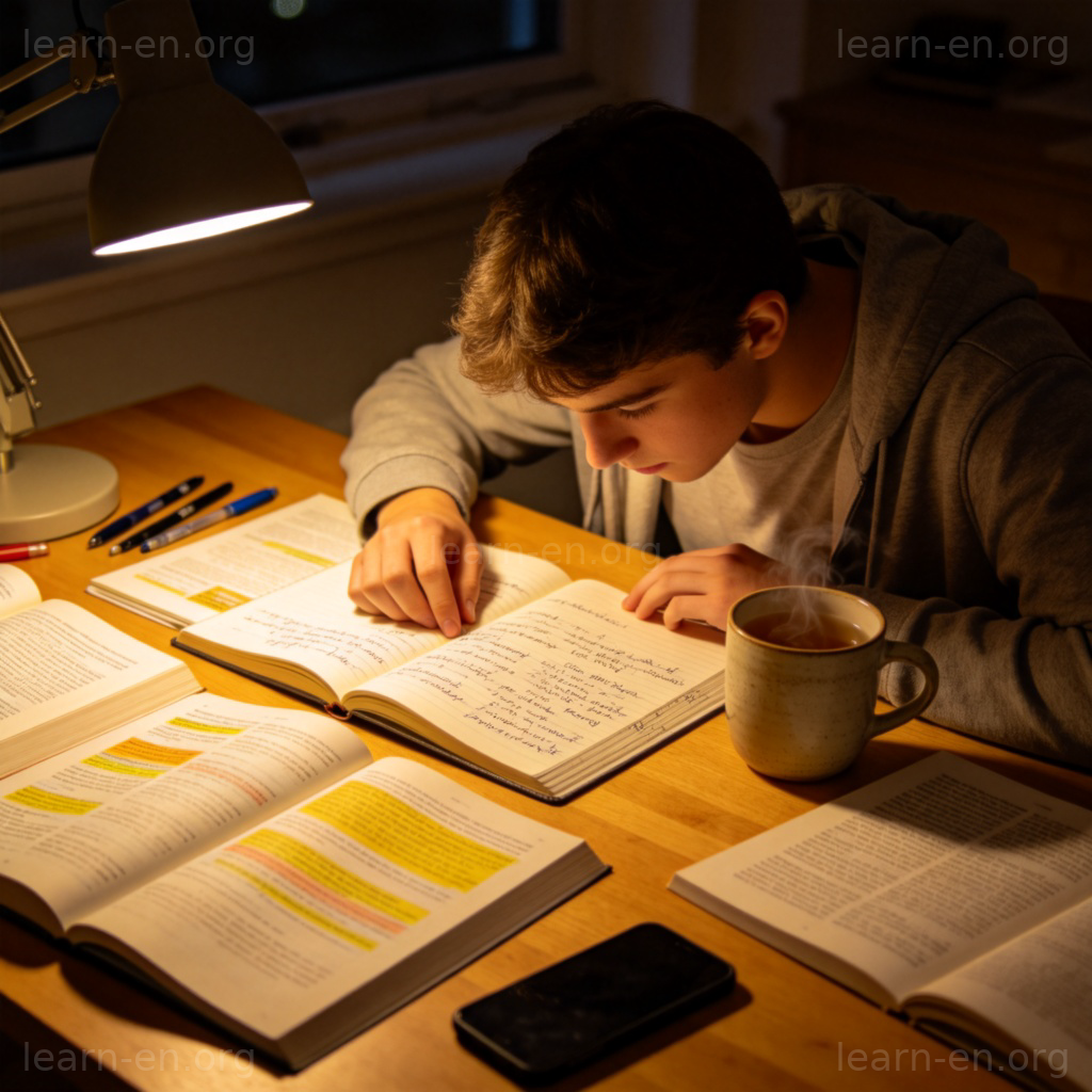 Pre-Exam Review 考前复习场景图解：学生深夜专注温习笔记